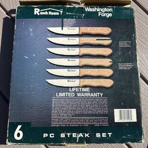 Set of 6 Russel International Steak Knives WA Forge Wood Handle Stainless Steel